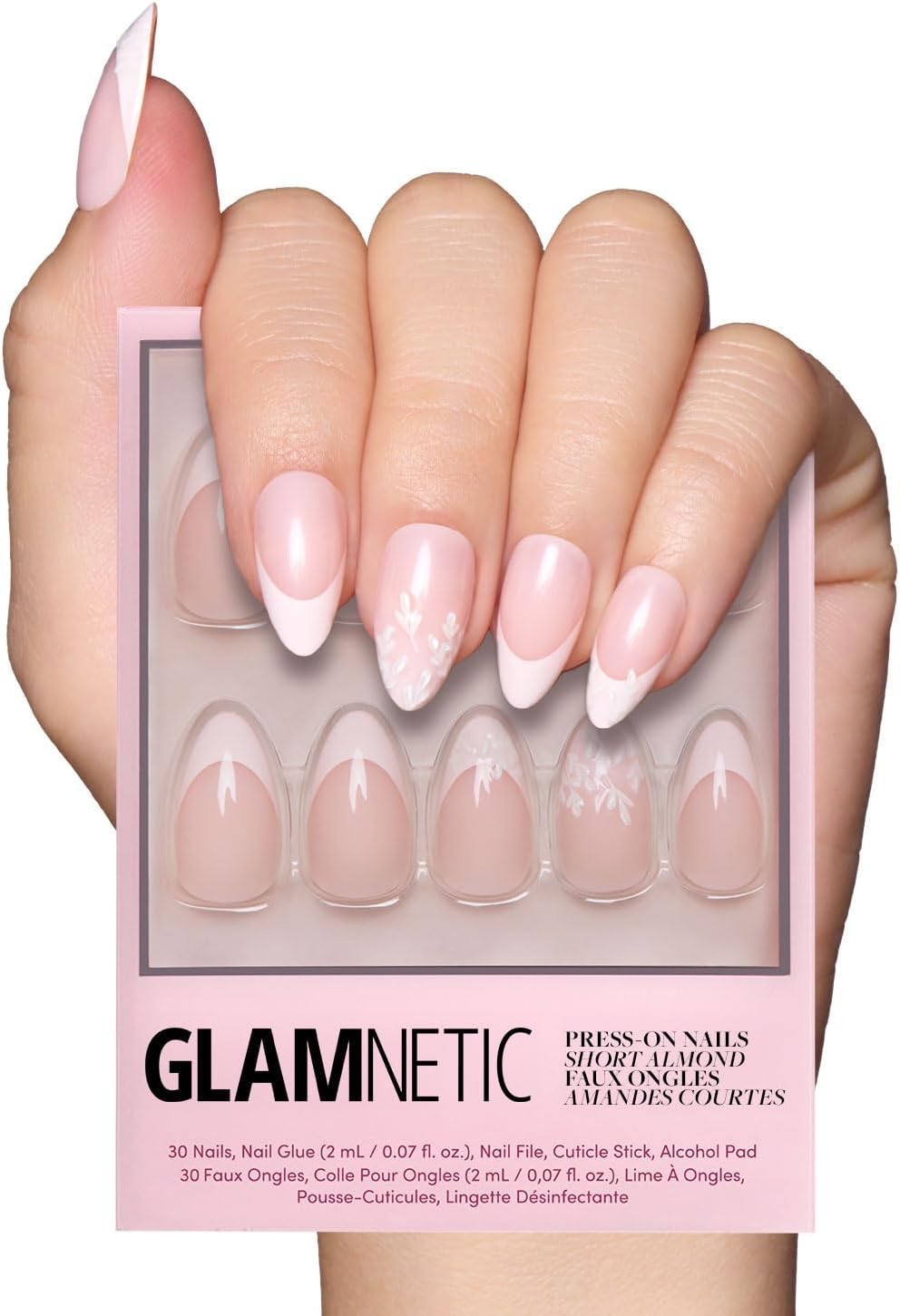 Glamnetic Press On Nails - All Time Love | Glossy, Semi-Transparent, Short Almond French Tip Nails with Leaf Accents, Salon Quality | 15 Sizes - 30 Nail Kit with Glue