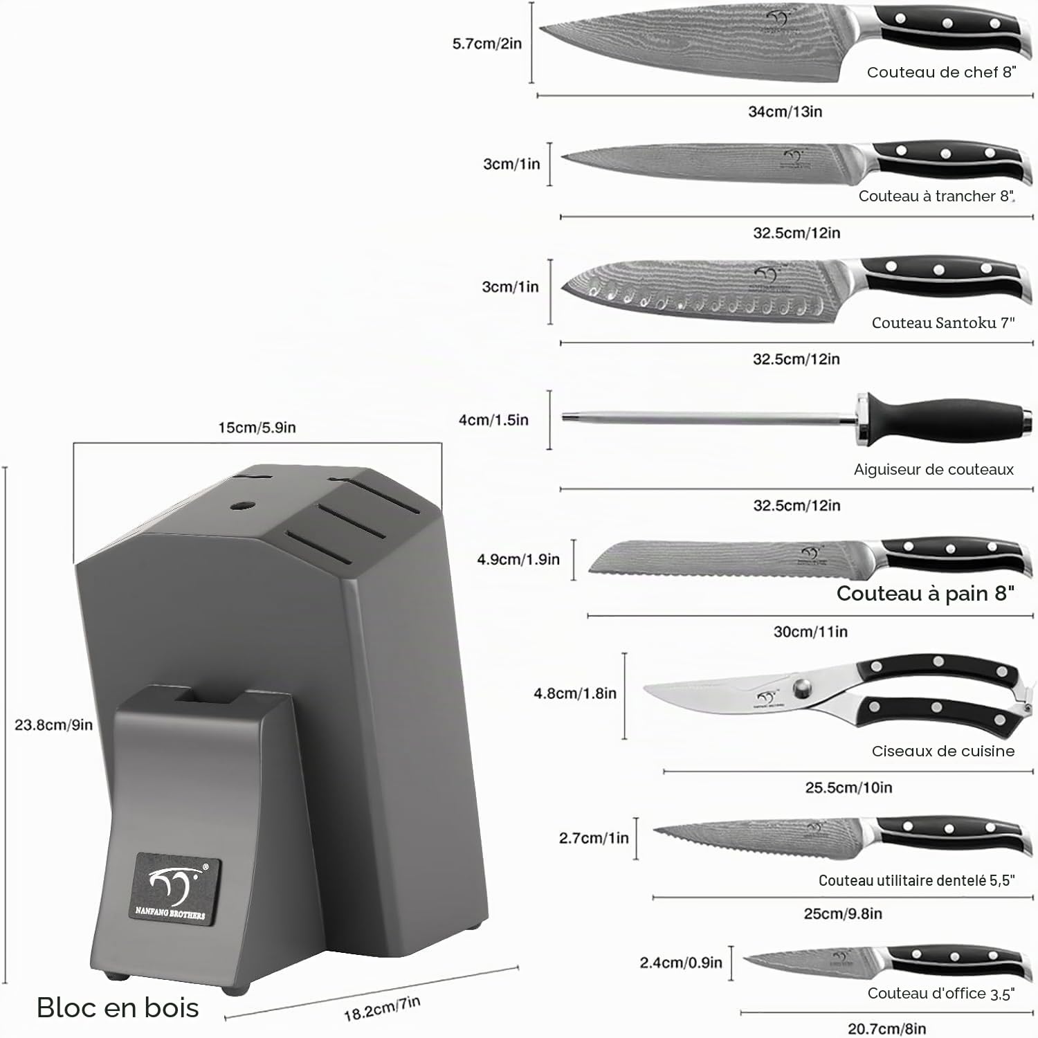 NANFANG BROTHERS Ensemble de Couteaux Damas avec Bloc en Bois Ensemble de Couteaux de Chef Style Japonais Professionnel 67 Couches Acier VG10 Acier de Damas Couteaux de Cuisine Aiguisés Gris