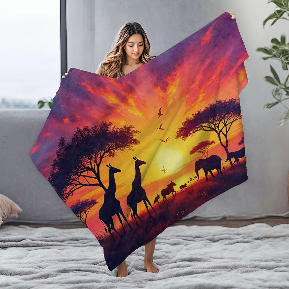 Grande couverture en flanelle motif savane africaine plaid