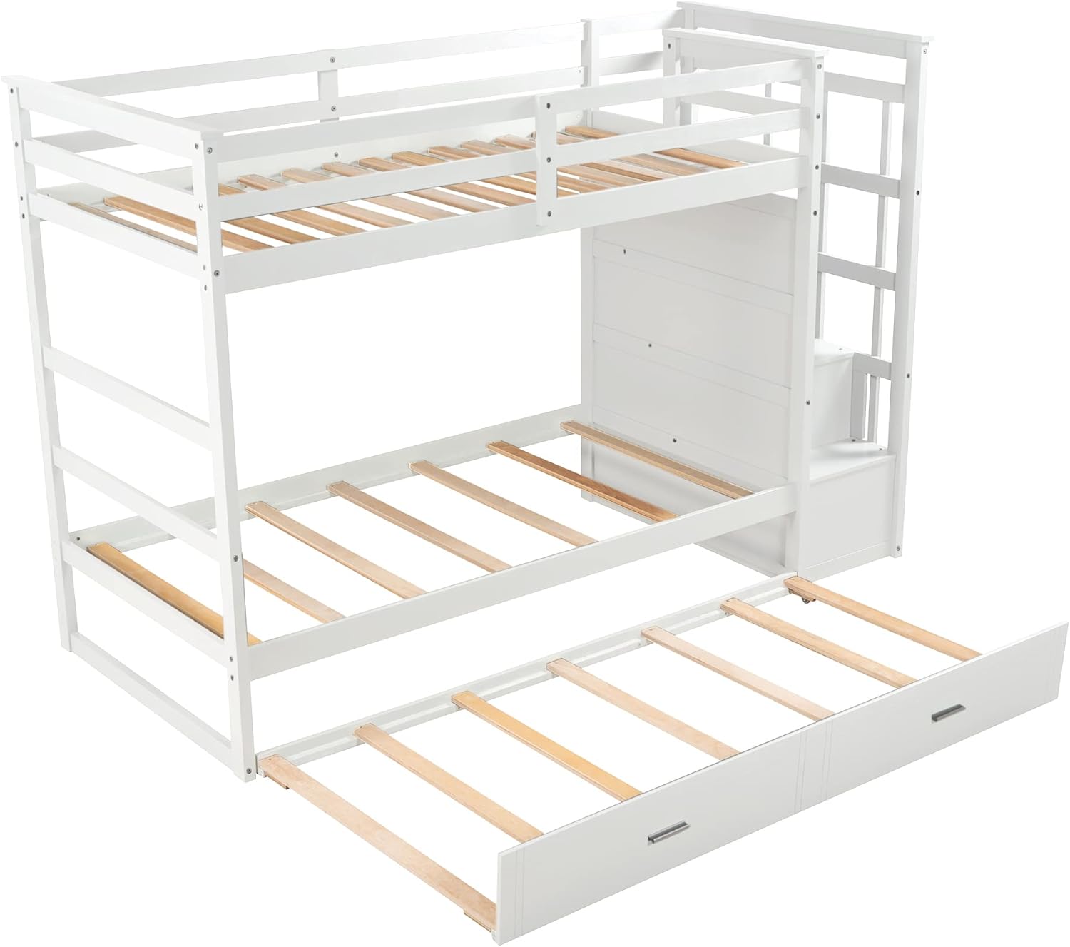 SOFTSEA Twin Bunk Bed with Trundle, Wood Bunk Beds with Stairs and 4 Drawers，White