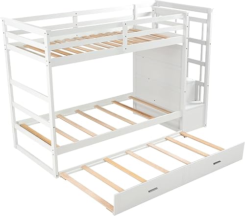 Miniatura 208 de Litera individual sobre matrimonial con cajones, escalera deslizante y almacenamiento, litera de madera con barandilla alta y escalera para niños,