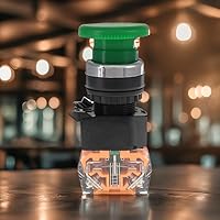 Vista 2 de Interruptor de botón de emergencia, cabeza de hongo verde, para equipos domésticos o industriales, salas de operaciones, cajas de distribución, NO