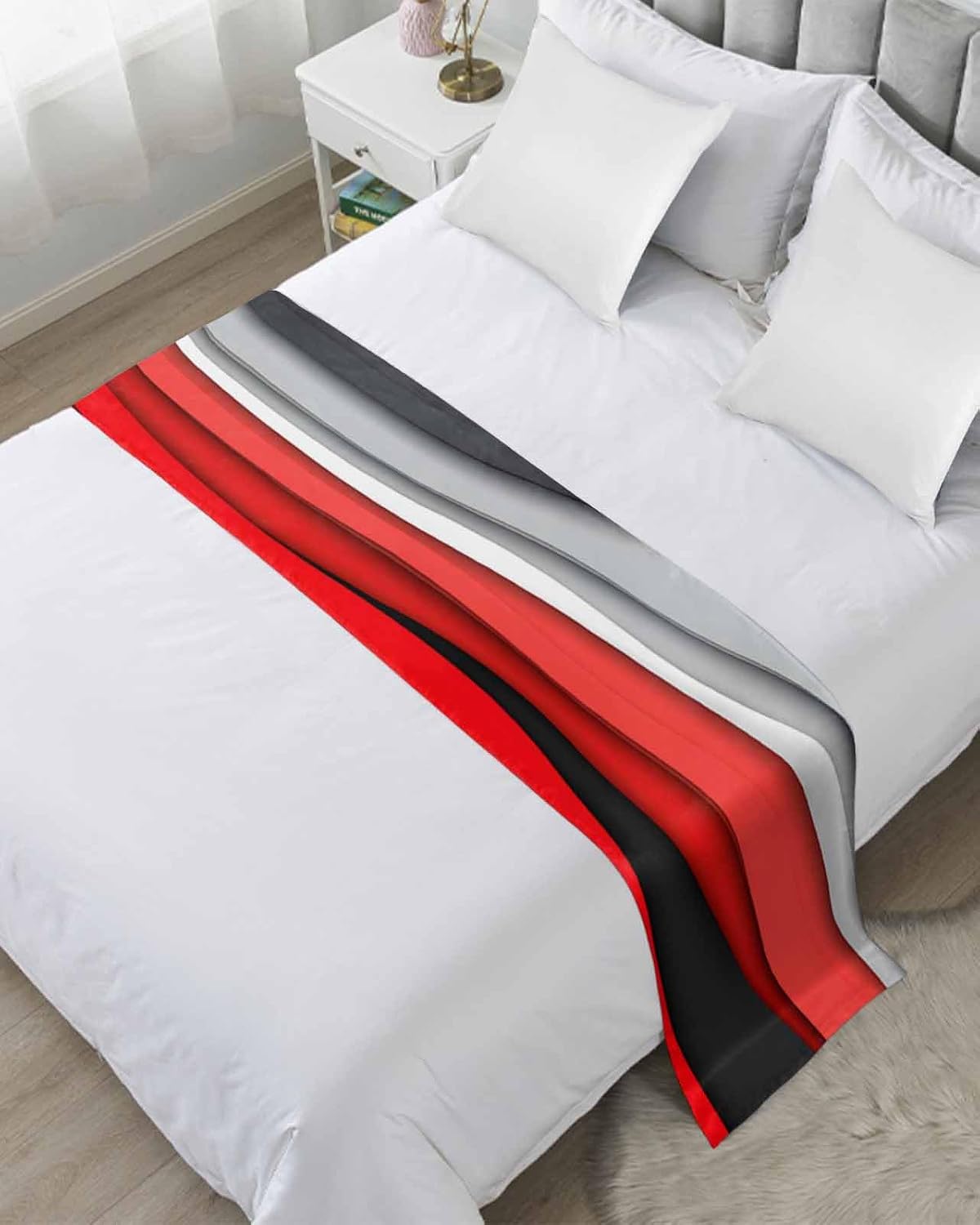 Red Grey Ombre Bed Runner Scarf Cal King Size, Modern Abstract Moire Art Geometric Luxury Bed Throw Runners & Scarves for Twin Full Queen King Foot of Bed, Hotel Wedding Room Decoration, 102"x20"