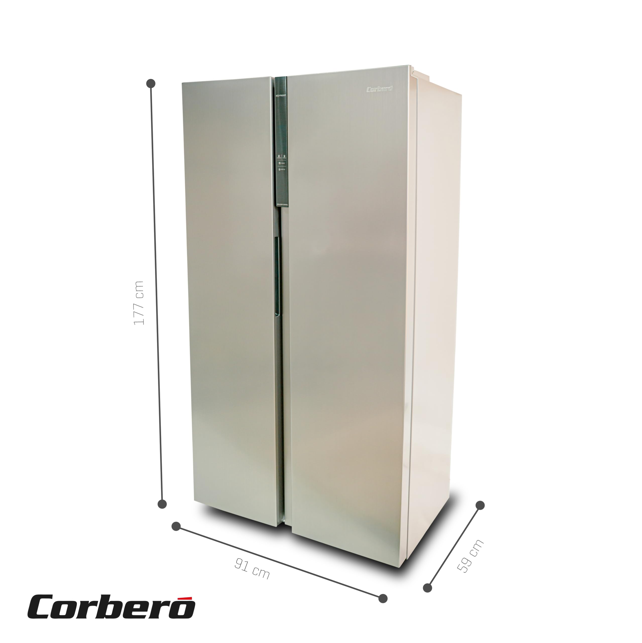 Corberó - Amerykańska lodówka | CFSBSH634NFX | 442L | 186 cm | No Frost | Inwerter | Wyświetlacz | Światło LED | 2 szuflady | Funkcja ECO | Półki szklane | Srebro Trim | Inox