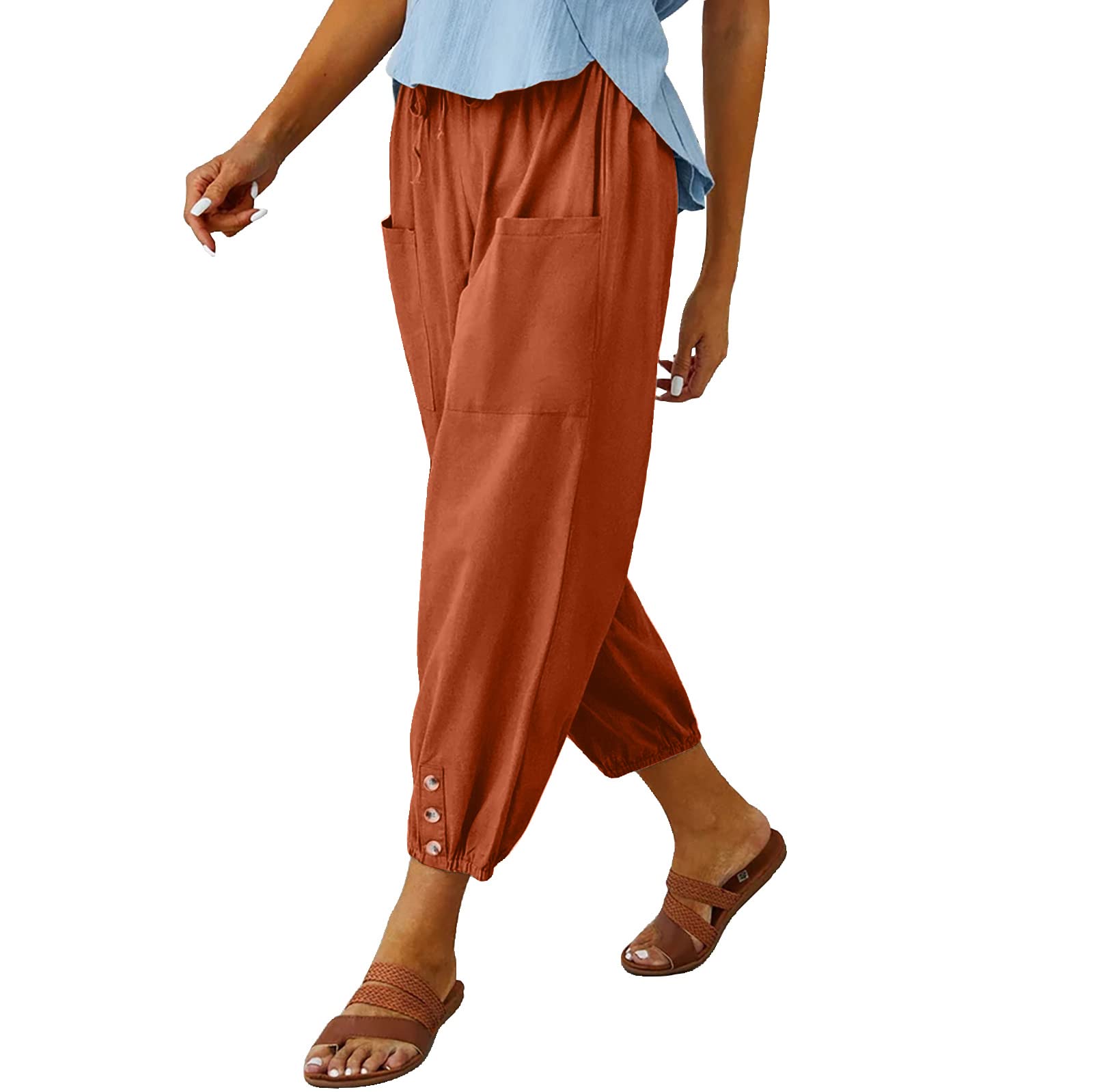 Womens Cropped Pants High Waist Drawstring Capri Pants Wide Leg with Pockets