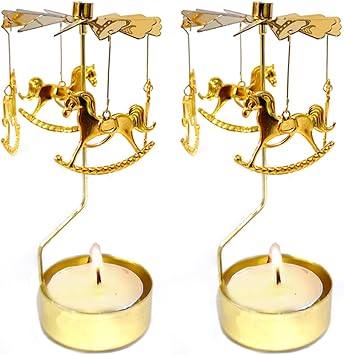 Carousel Spinning Tea Light Candle Holder, Gold Metal Rotary Candle Holder for Birthday, Wedding, Anniversary, Party, Table Decoration, Home Decor2Pcs