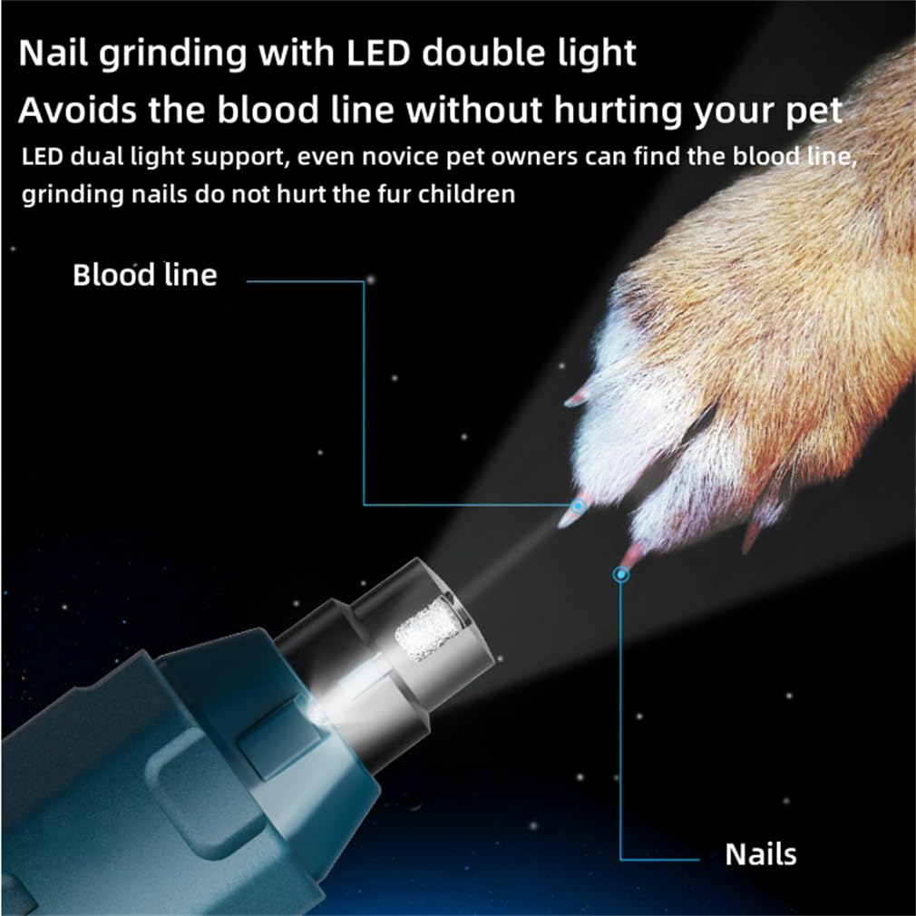 Molinillo de uñas silencioso para perros, kit de aseo para perros, luz LED dual de 6 velocidades, ajuste de velocidad variable, para perros grandes, medianos, gatos, cuidado de uñas de animales