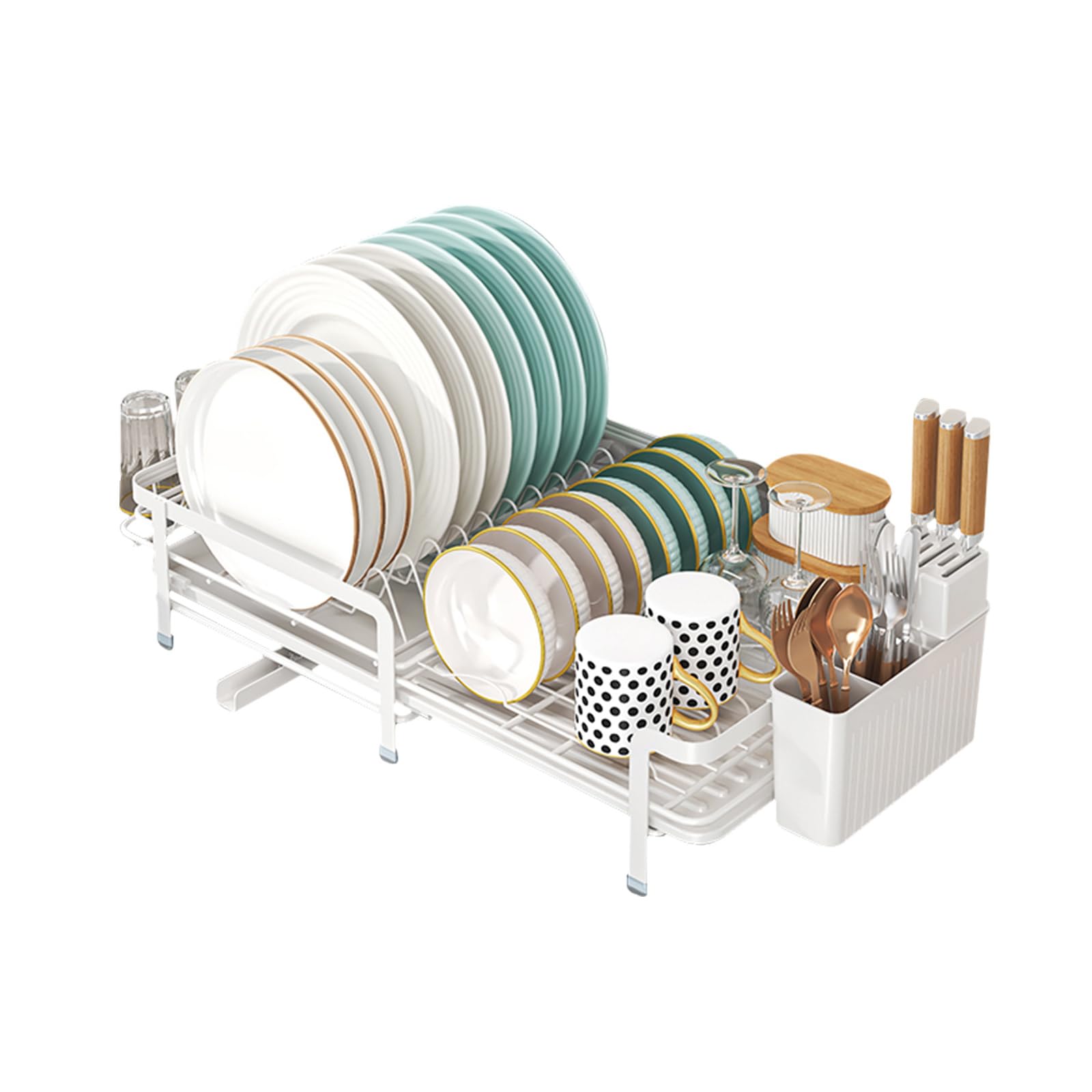 JOUING Dish Drainer Rack Expandable Draining Board Rack Metal Dish Drying Rack with 360°Swivel Spout Kitchen Sink Drainer with Removable Cup and Cutlery Holder (White)