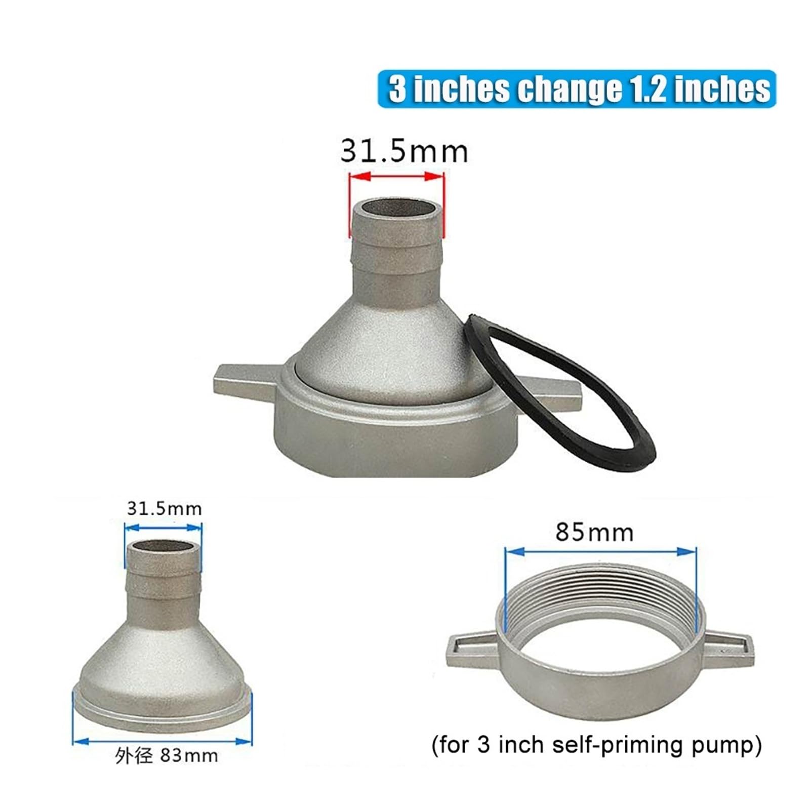 1 juego de accesorios for bomba de agua de gasolina, conector de tubería de 3 pulgadas, llave con junta de goma(3 inch to 1.2 inch)