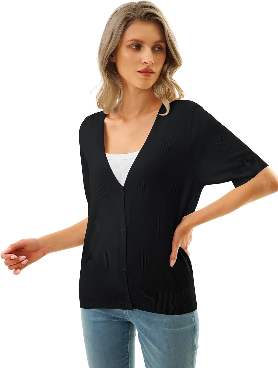 Women Cropped Short Sleeve Cardigan Lightweight Spring Summer Business Casual Office Knit Sweater 2026 - Image 2