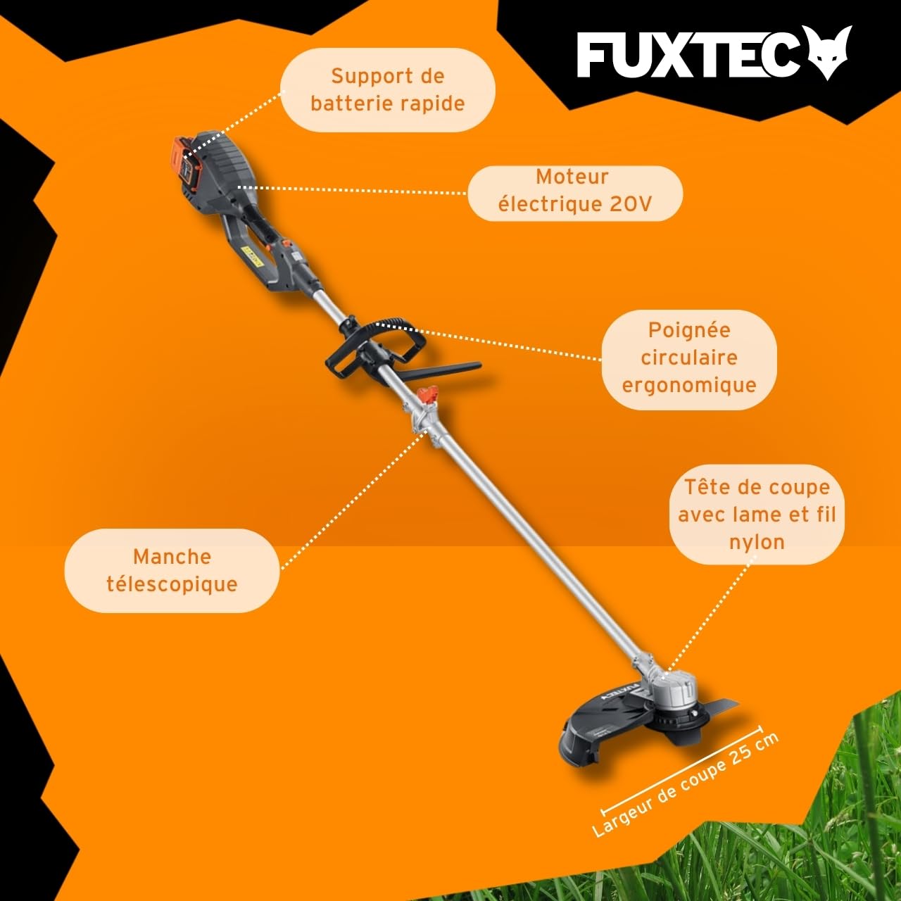 FUXTEC Débroussailleuse Batterie 2x20V FX-E2MSSET - avec Batteries Et Double Chargeur - Largeur De Coupe 25,5-35cm, Lame Et Fil, 10Kg, Jusqu'à 6000 TR/Min