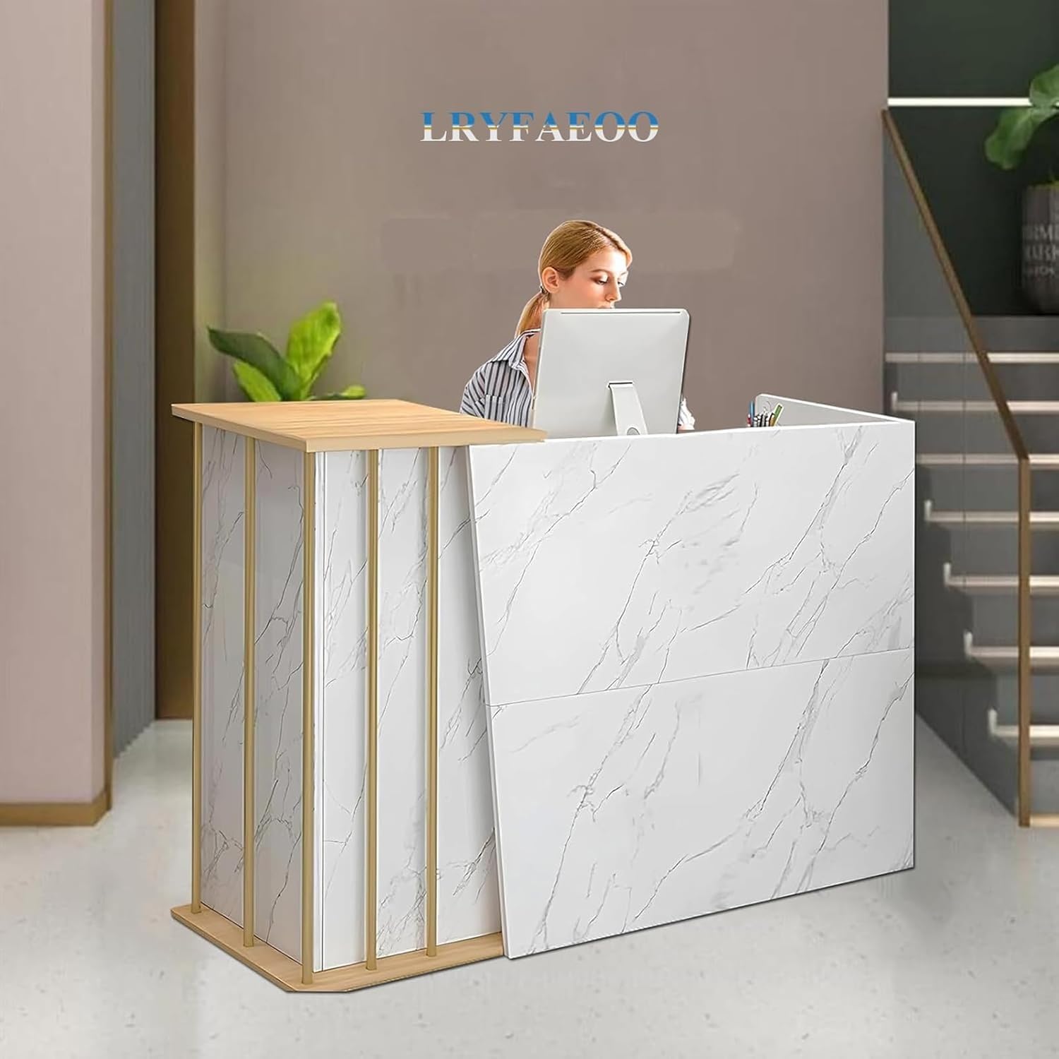 Bancone Reception Negozio, Bancone Reception Centro Estetico con Cassetti, Hotel,Bancone Reception Moderno per Supermercato Hotel Lobby Reception(Marble color,140x40x90cm)