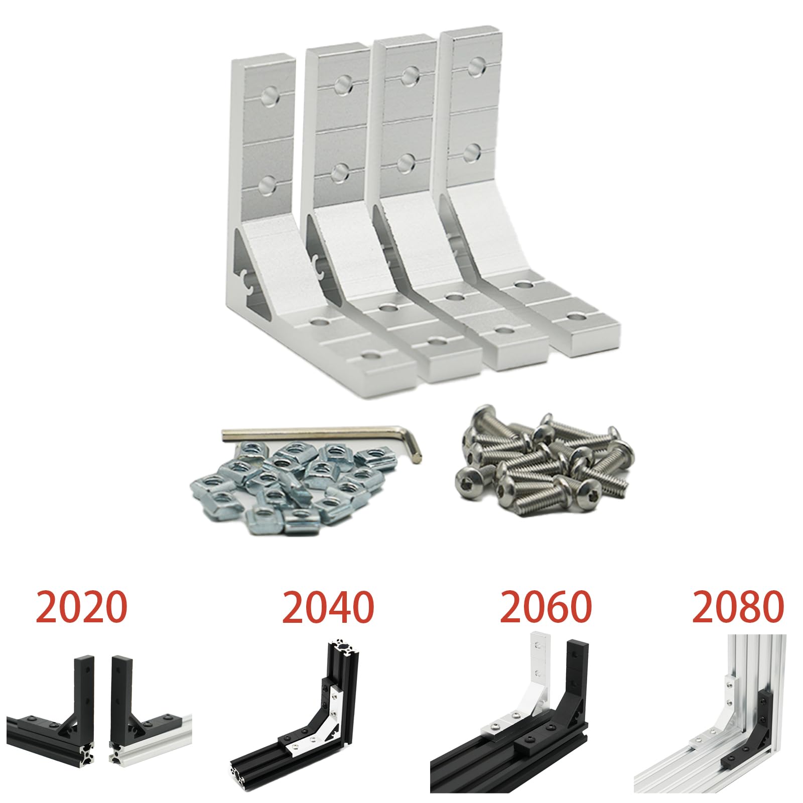 Iverntech 4 Stück Eckhalterung Zwickelverbinder Innenverbindungsplattenbefestigung für 2020 Aluminium-Extrusionsprofil mit 16 Stück M5-T-Muttern + 16 Stück M5-Schraube + 1 Stück Schraubenschlüssel