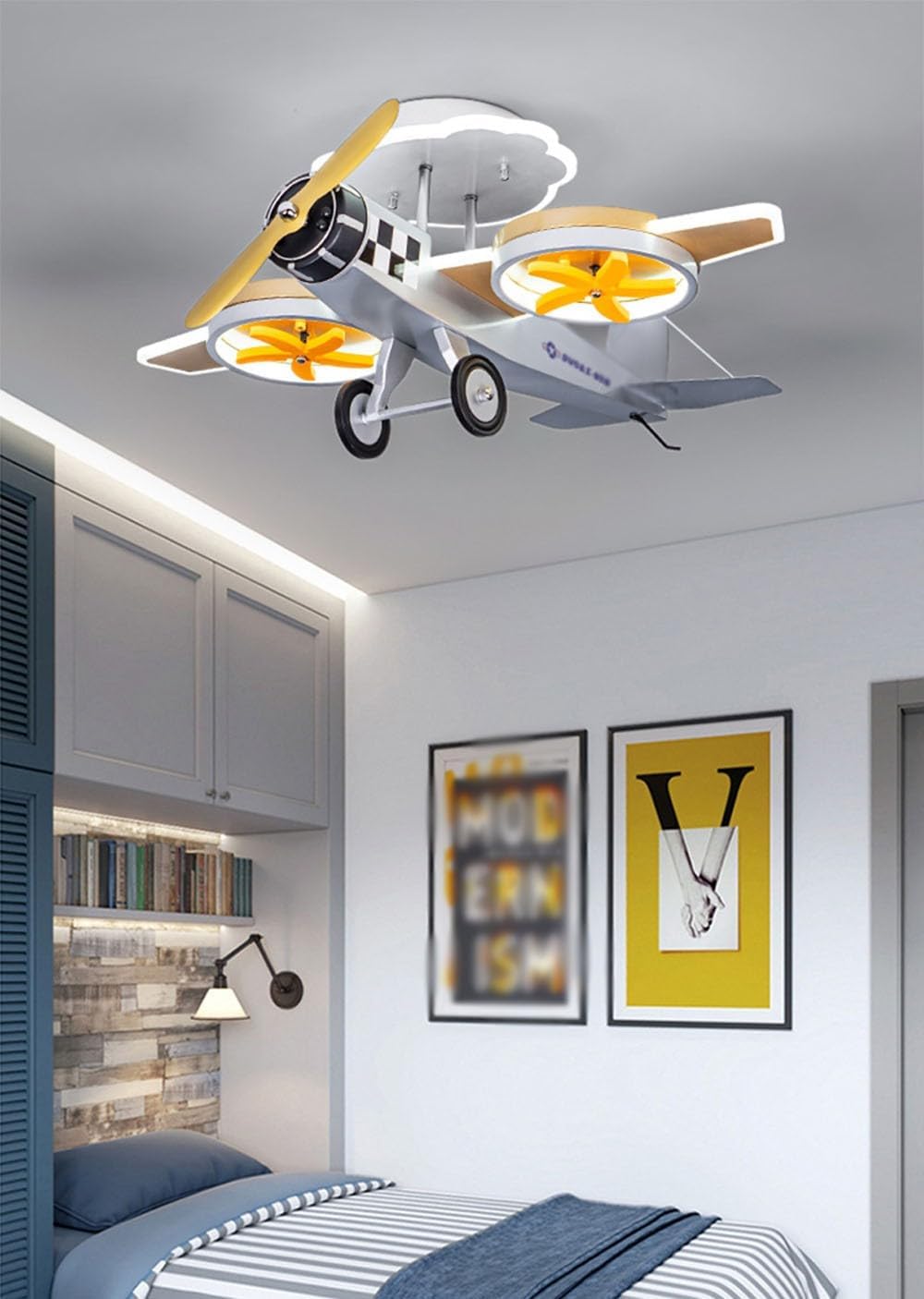 Children's Aircraft Chandelier Cartoon Boy's Room Bedroom Ceiling Lamp 60W Dimming with Remote Control,Hanging Light