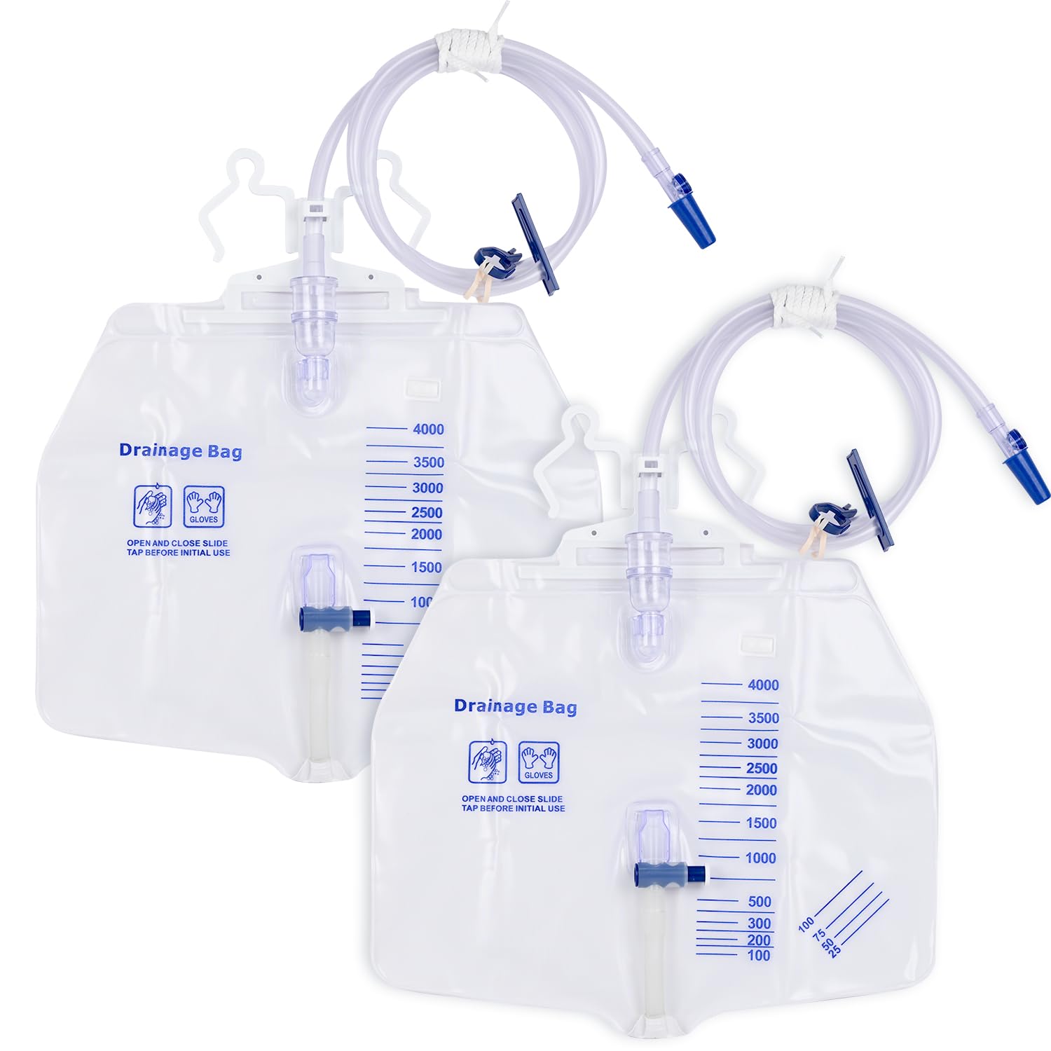 2 Pack Urinary Drainage Bag with Anti-Reflux Chamber, 4000ml Large Capacity, 48" Drainage Tube, Professional Urine Bags with Clips and Hanging Hook, Catheter Bags for Men