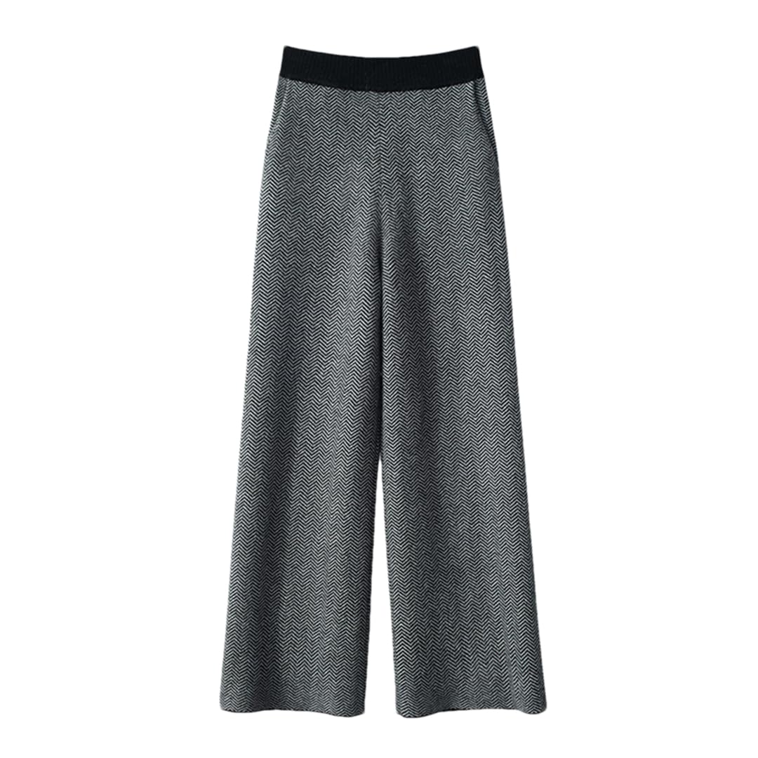 Women Cashmere Striped Thicken Trousers Soft High-Waist Knitted Wide Leg Pants