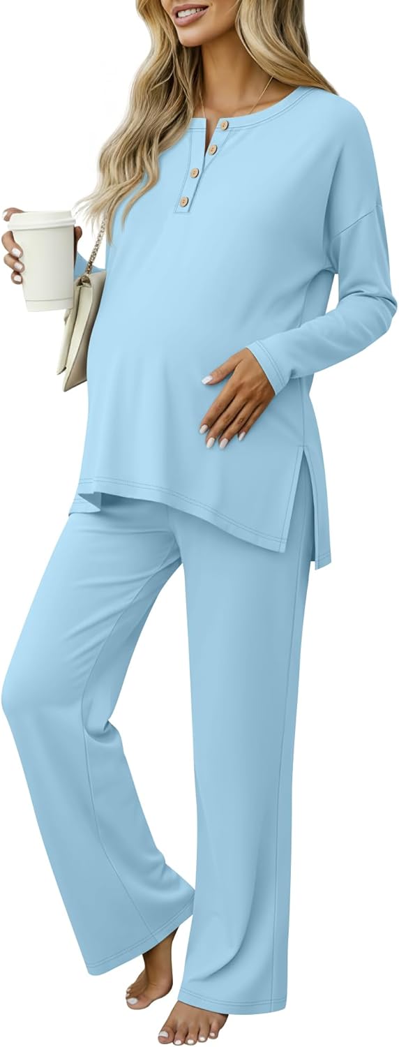 Women's Maternity Pajamas Sets, Long Sleeve Pregnancy Postpartum Delivery Lounge Nursing Pjs with Pockets Pjs