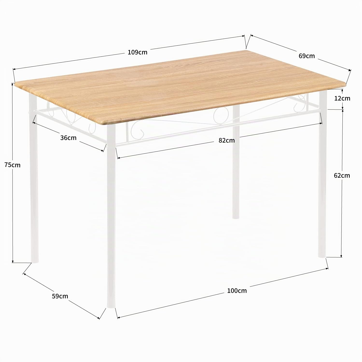 Tavolo da Pranzo con 4 Sedie, Moderno Venature di Faggeto Set Sala da Pranzo, Gamba in Metallo Bianco, Adatto a sala da Pranzo, Cucina e Soggiorno