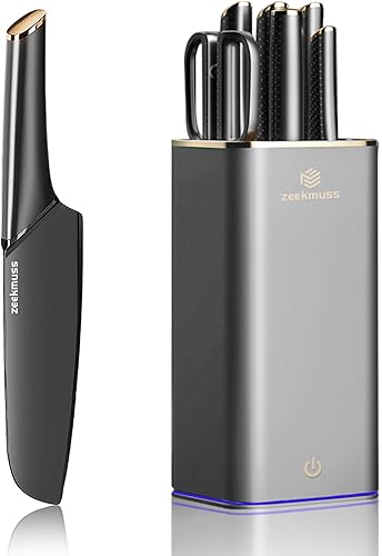 ZEEKMUSS Juego de cuchillos para cocina con bloque, juego de cuchillos de bloque de acero inoxidable de 6 piezas con afilador, tijeras de cocina,