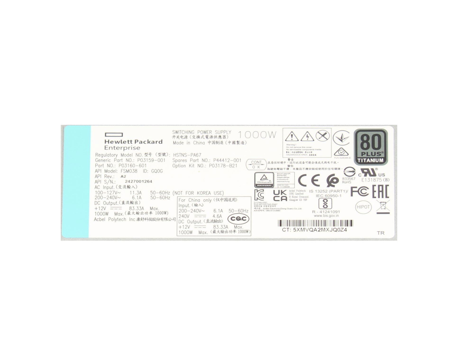 HP P03160-601 Original Fuente de alimentación del Servidor 1000 vatios | para Apollo 2000 Gen10 Plus, ProLiant DL20 Gen11