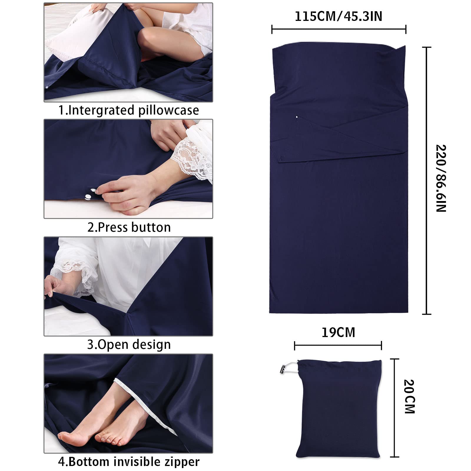 NiCoLa Sleeping Bag Liner, Lightweight Sleep Bag Liner 210 x 115 cm, Lightweight Travel Sheet with Zipper & Pillow Slot for Camping, Hotel & Hiking