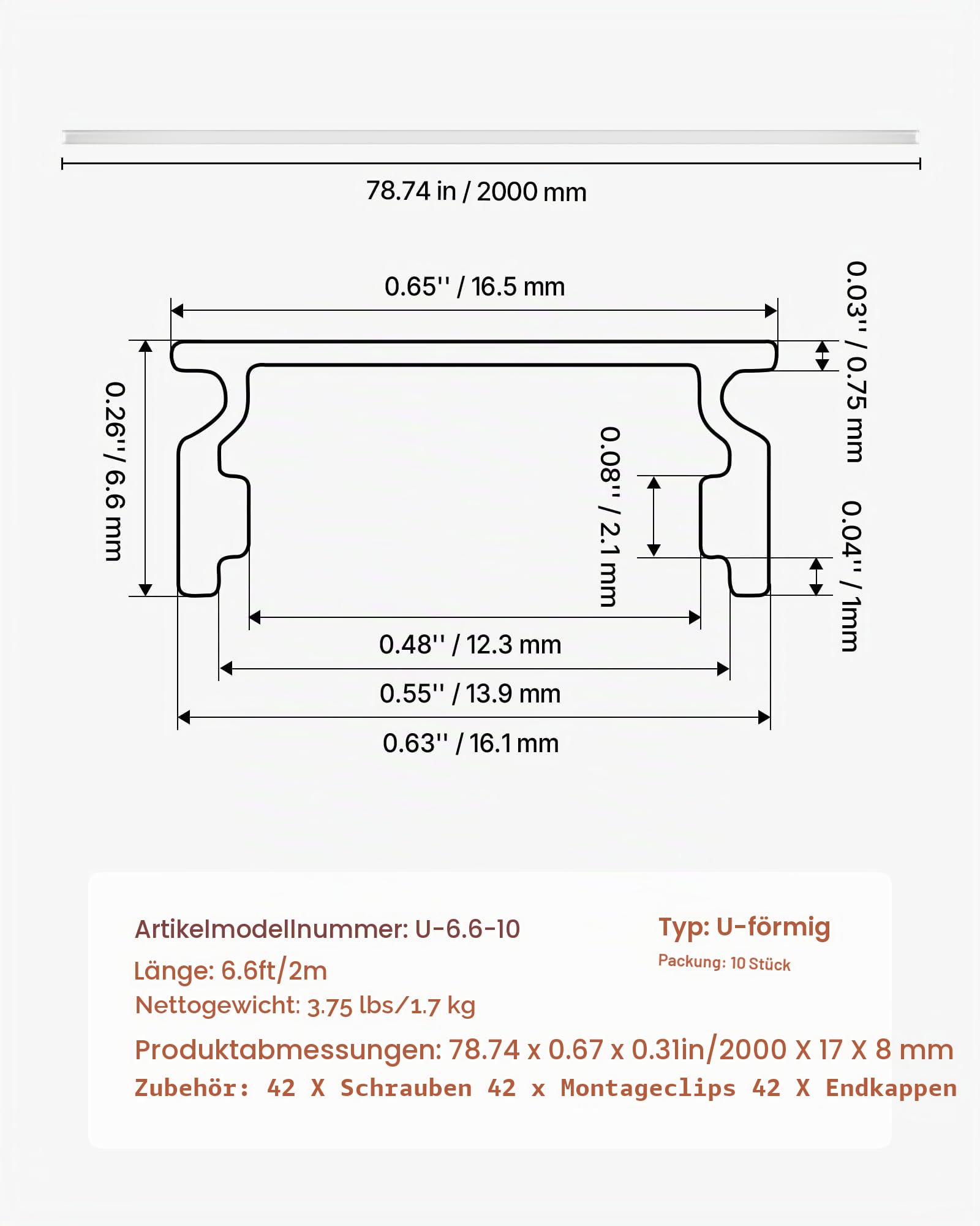 VEVOR LED Profil 10er-Pack 2 m, Eloxierte Aluminiumprofile mit Milchiger Abdeckung, Endkappen & Befestigungsclips, Kanäle, Diffusor für LED-Streifen, Ideal für Unterbau-Arbeitsplatten, U Form