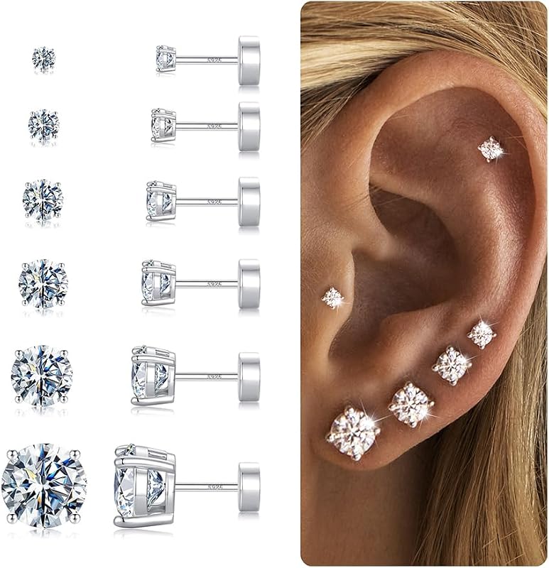 6 Pairs Hypoallergenic Flat Back Earrings for Women Girls,Stud Earring Set | Cartilage Earrings for Sensitive Ears,Cubic Zirconia Ball Pearl Earring,Screw Back Helix Conch Piercing Sets,Jewelry Gifts