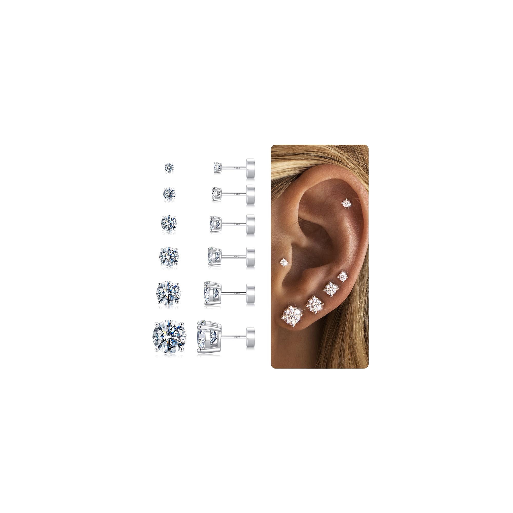 6 Pairs Hypoallergenic Silver Flat Back Earrings for Women,Stud Cartilage Earrings for Sensitive Ears Cubic Zirconia Ball Earring Screw Back Helix Conch Piercing Sets Trendy Jewelry CZ-Sliver-Plated