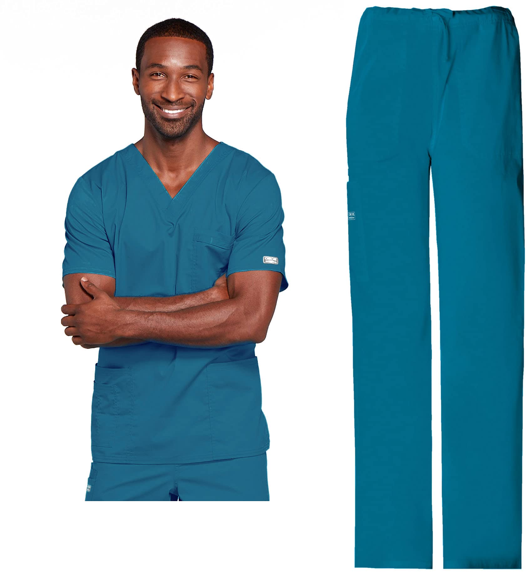 Cherokee Scrub Set for Men or Women, Traditional Fit 4 Pocket V-Neck Top 4725 with 5 Pocket Natural Rise Cargo Pant 4043