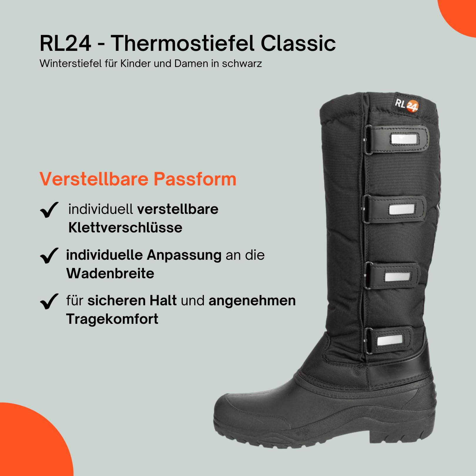 RL24 - Kinder & Damen Thermostiefel Classic schwarz | wasserdichte Winterstiefel | mit Klettverschlüssen für verstellbare Wadenbreite | gefütterte Schneestiefel | Reitstiefel in Größen 31-45