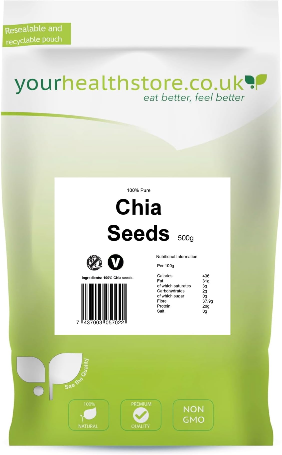 yourhealthstore Raw Chia Seeds 500g, 100% Natural, Vegan, High in Fibre, Gluten Free, (Resealable and Recyclable Pouch)