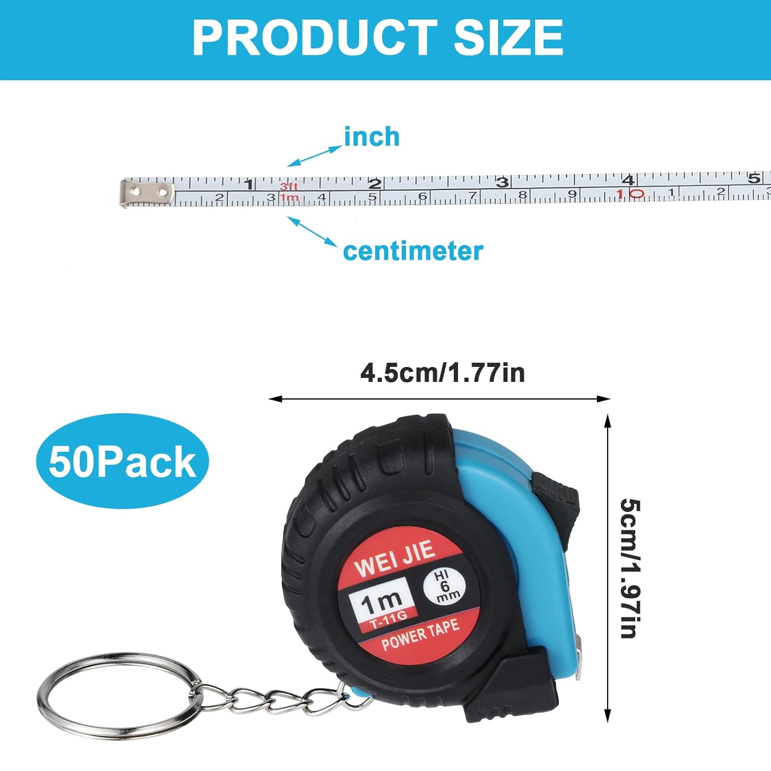 50Pcs Mini Tape Measuring Keychain Bulk - 3ft Small Retractable Pocket Measurement Tape Keychains for Engineer Crafter Daily Use, Stable Slide Lock