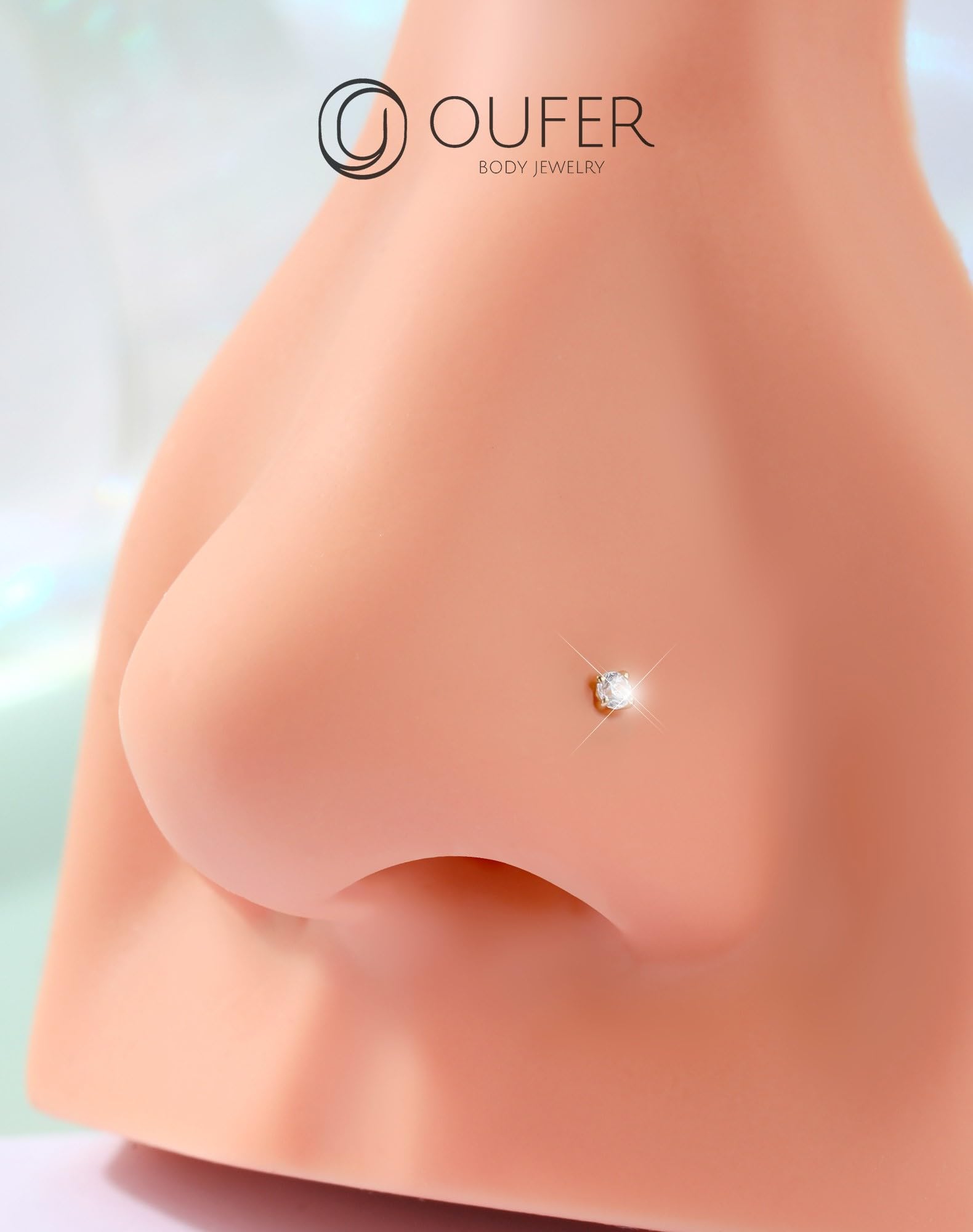 OUFER Body Piercing Nose Piercing Stud 9K Solid Yellow Gold Claw Set Round Crystal Stone 22 Gauge L Bend Nose Stud Piercing Jewellery