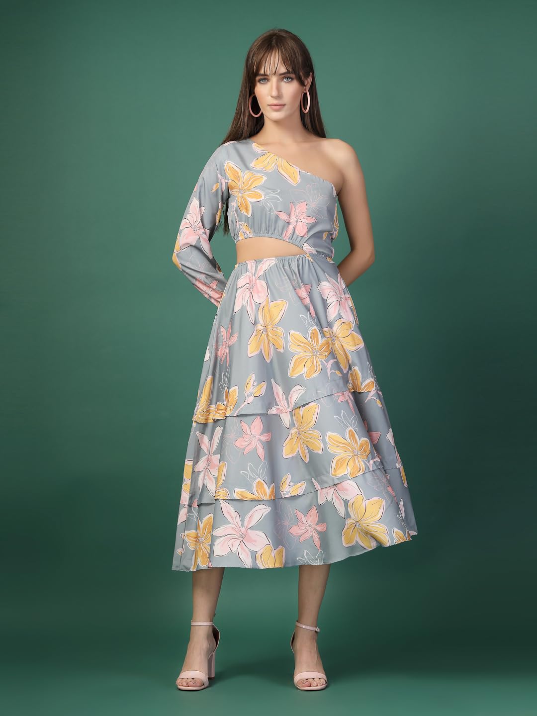 Oomph Women's Western & Fusion Wear Printed Crepe Dress For Women, One Shoulder, Grey - Md1082