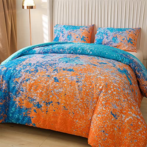 Aimuan Abstract Blue Comforter Sets Modern Art Bedding Sets 3 Pieces Sparkle Star Galaxy Twinkle Starlight Quilt Tie Dye Printed Comforter For Kids Teen (Blue-Orange,Full) #TOP2