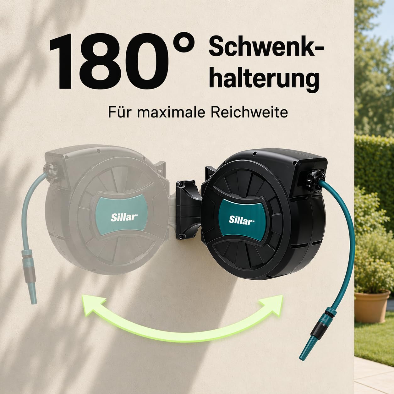 Sillar Schlauchtrommel mit Gartenschlauch 30m, Automatischer Schlauchaufroller zur Wandmontage, 180° schwenkbar, 1/2 Zoll Wasserschlauch, inkl. 7-Funktionen-Spritzpistole, Spritzdüse und Montageset