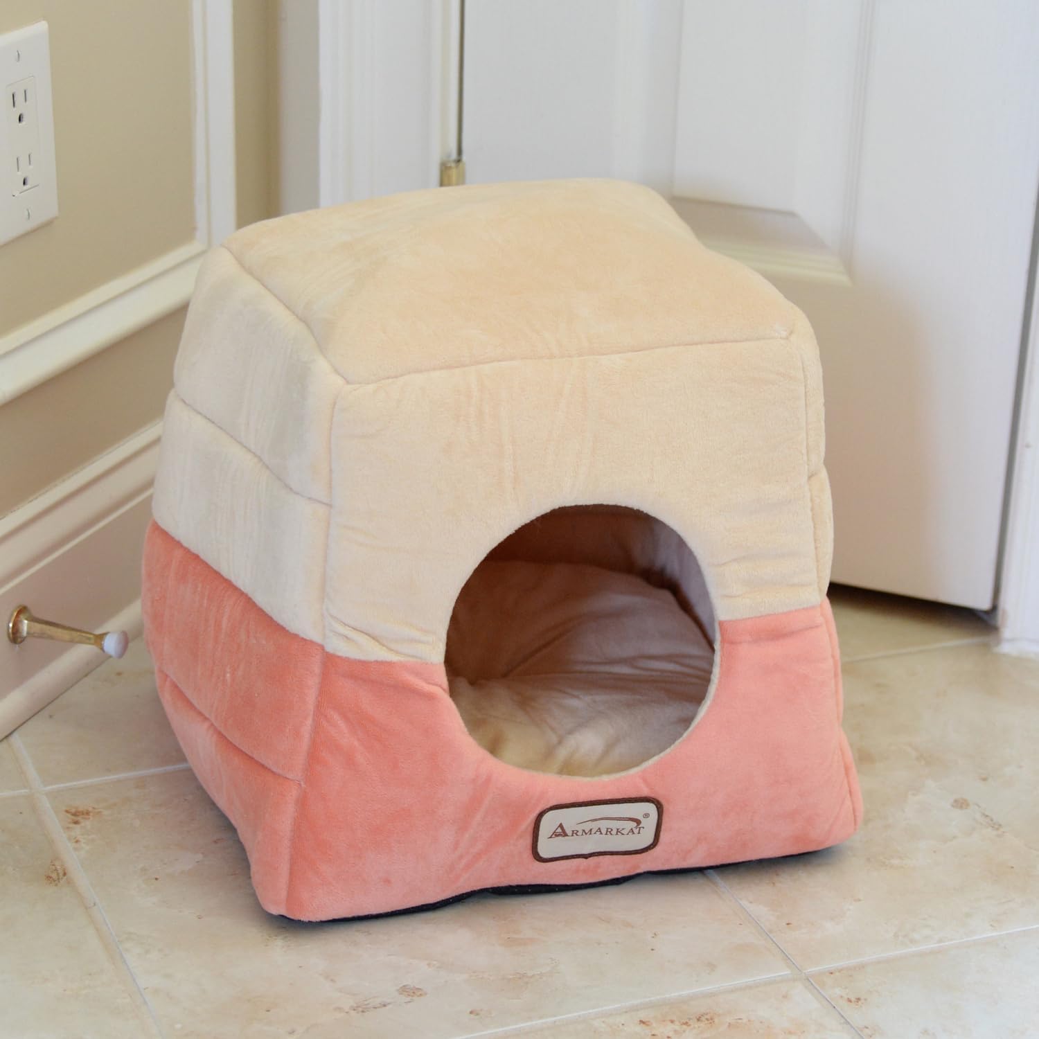 HomeStock Cat Bed Cave - Soft Velvet Pet Cave Bed, Cozy Cuddle Bed for Cats - OrangeBeige, 15" L