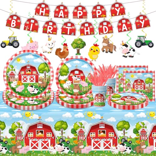 Farm Birthday Decorations-171-Piece Farm Animals Party Barnyard Themed Tableware with Plates,Napkins,Tablecloth,Cups,Banners,and Red Arch Garland for farm first birthday decorations Supplies Kit