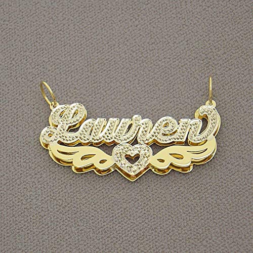 3D Double Plates Name Pendant Heart 2 Angel Wings Personalized Solid 10k Gold 3D Double Plates Name Pendant Heart 2 Angel Wings Personalized Solid 10k Gold