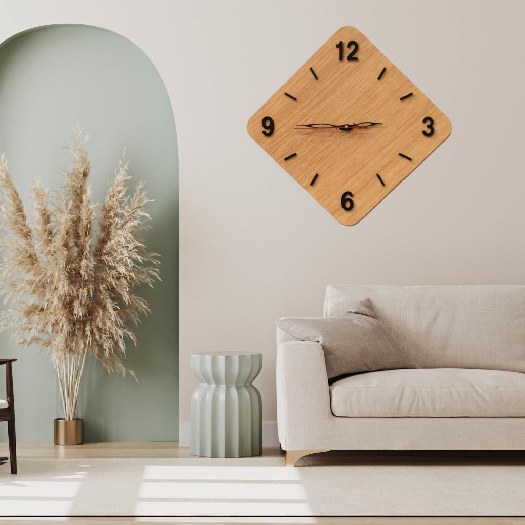 SKYVILLA™ Large Wooden Wall Clock | Modern Diamond Shape Silent Analog Clock for Living Room | MDF Oak Finish Decorative Wall Clock for Home & Office 12x12 Inch 4