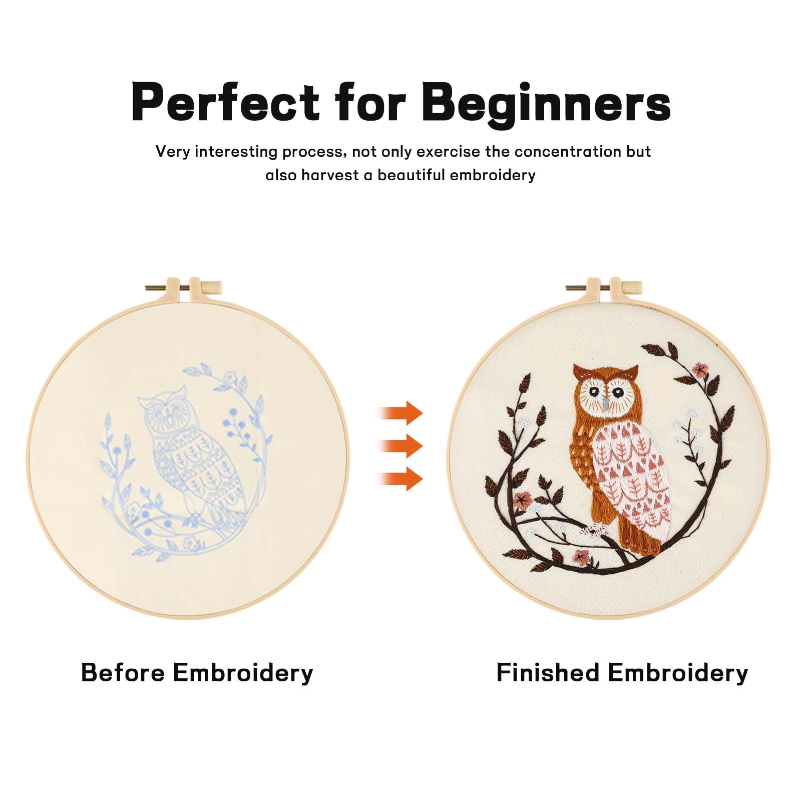 JOINRUN Kit de inicio de bordado para principiantes y adultos: kit de punto de cruz de búho para amantes de las manualidades, aprender a coser a mano, incluye patrón estampado, aro, instrucciones