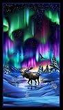 24' x 44' New Northern Lights Scenic Aurora Borealis with Moose and Pond Quilt Cotton Fabric Panel Elizabeths Studio #734E-BLACK - 24' x 44' Fabric Panel