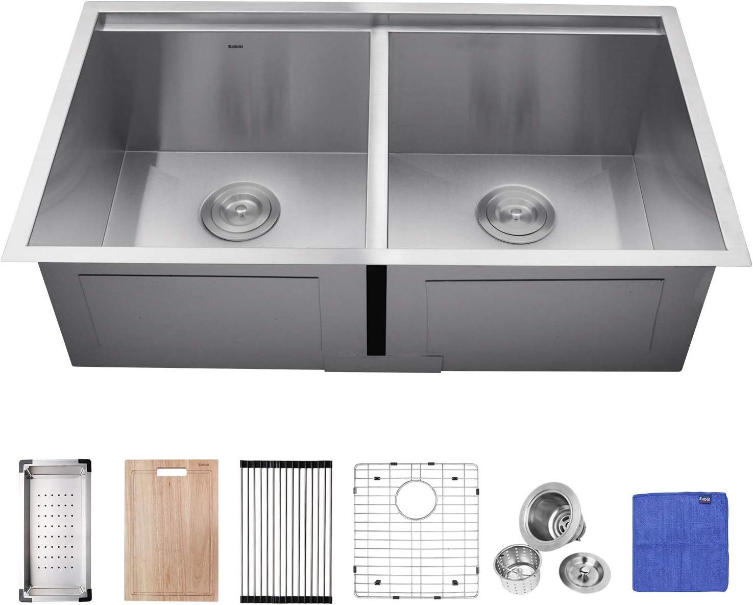 Enbol 33 Inch Workstation Undermount Sink 50/50 Double Bowl Stainless Steel Kitchen Sink with Colander, Wood Cutting Board, Roll-up Rack, Bottom Grid and Strainer