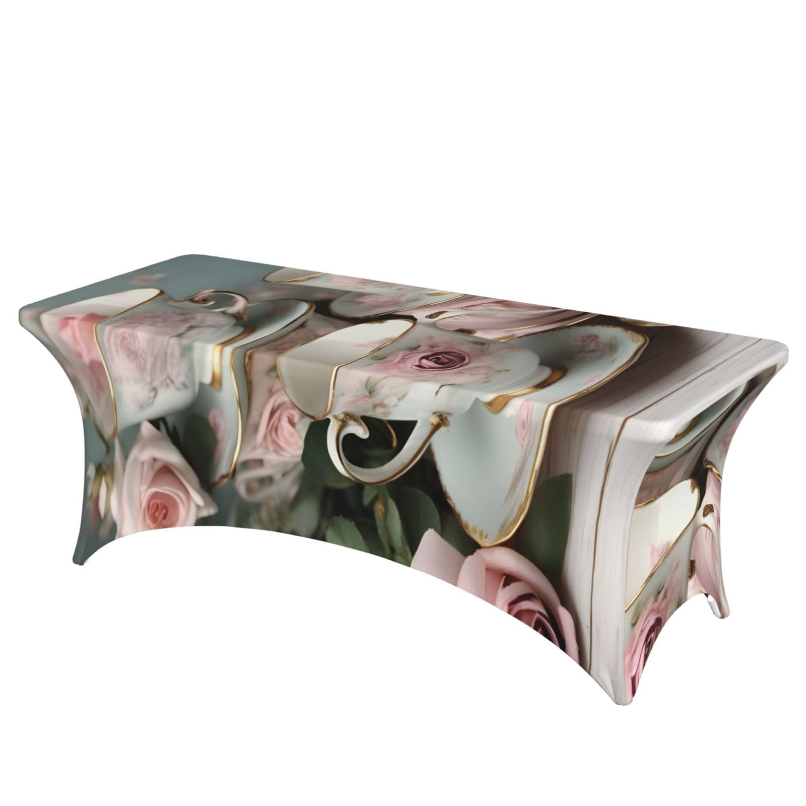 NImongt Tea Cups With Roses Romantic Print Elastic Rectangular Tablecloth Holidays Family Banquet Wedding Party Table Cover