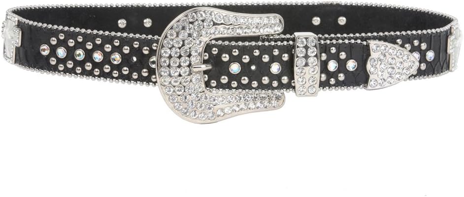 Snap On Rhinestone Cross Silver Circle Studded Snake Print Genuine Leather Belt