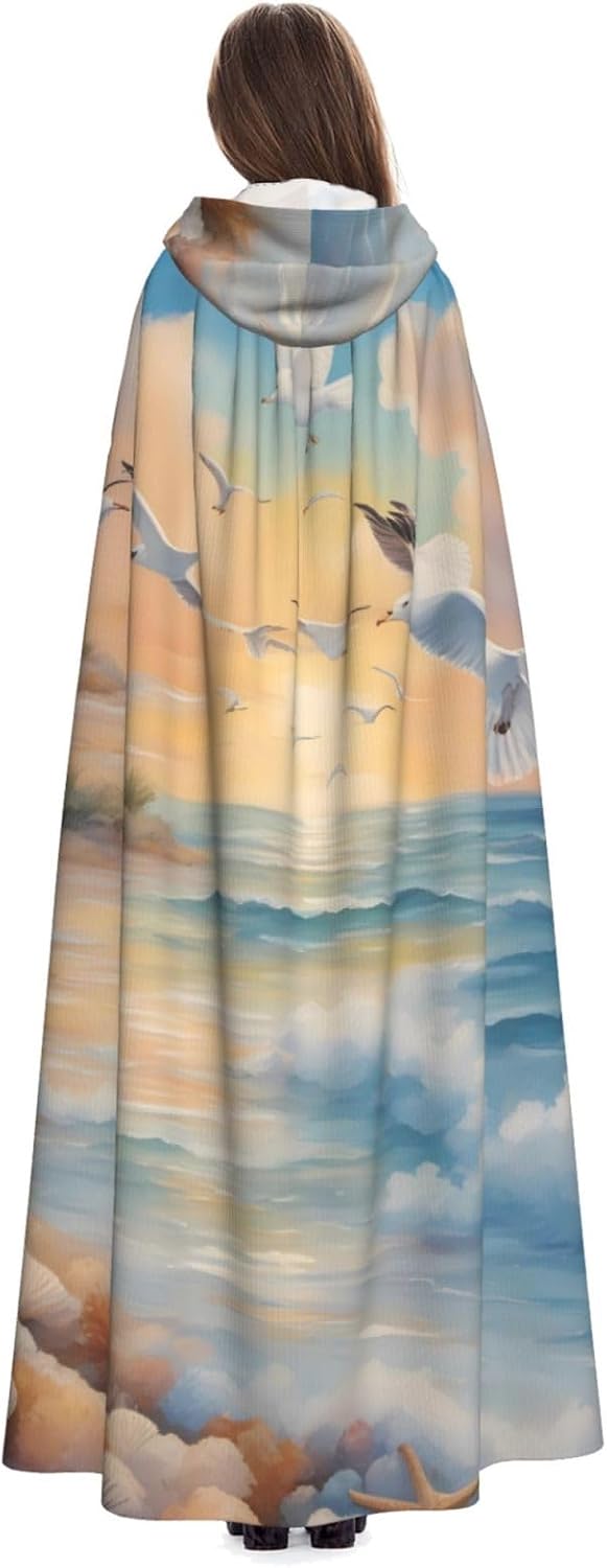 Unisex Full Length Hooded Halloween Christmas Party Robe Cloak Cape Cosplay Costume Men Women Cute Seagulls Prints Black