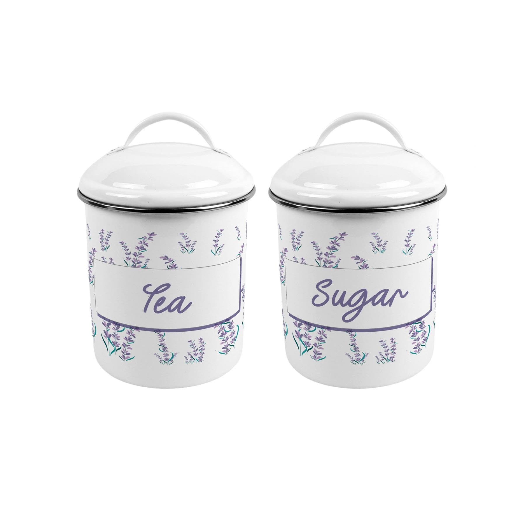 Purely Home Lavender Garden Medium-Sized Metal Tea & Sugar Canister - Stylish Floral Tin Kitchen Storage Jar - Tea/Coffee/Sugar Caddy Gift With Lid & Handle