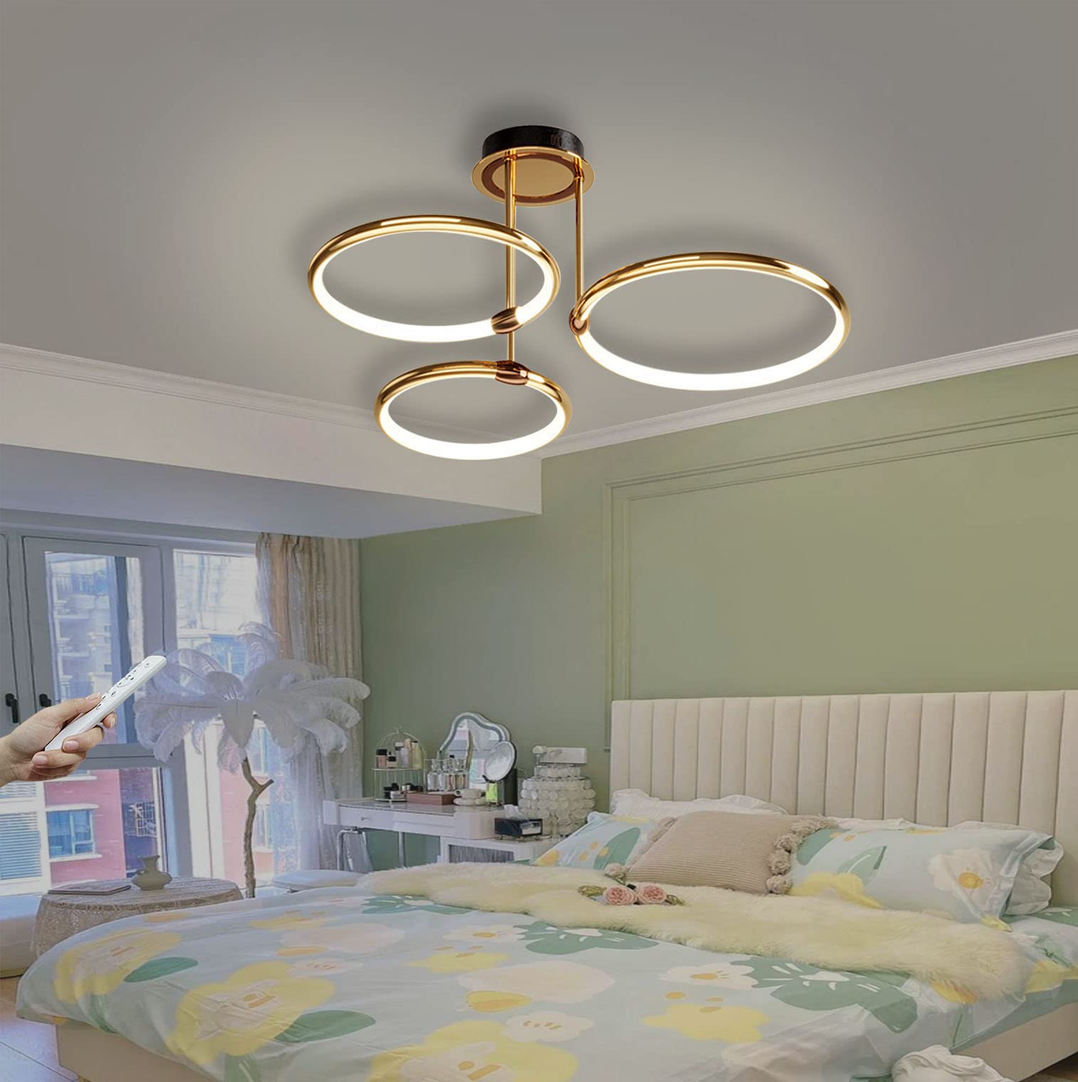 Lampa sufitowa LED Złoty pierścień Nowoczesny ściemnialny z pilotem Metalowy akrylowy okrągły żyrandol Salon Kuchnia Sypialnia Biuro Jadalnia Lampa Dekoracja Oświetlenie (3 pierścienie,Ø55cm,60W)