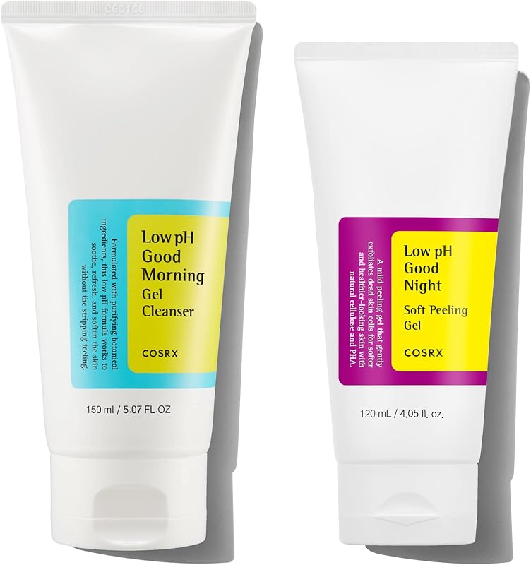 COSRX Morning Skincare Routine- Low pH Good Morning Gel Cleanser + Low pH Good Night Soft Peeling Gel, Cleanse and Exfoliate Sensitive Skin, PHA, Korean Skin Care