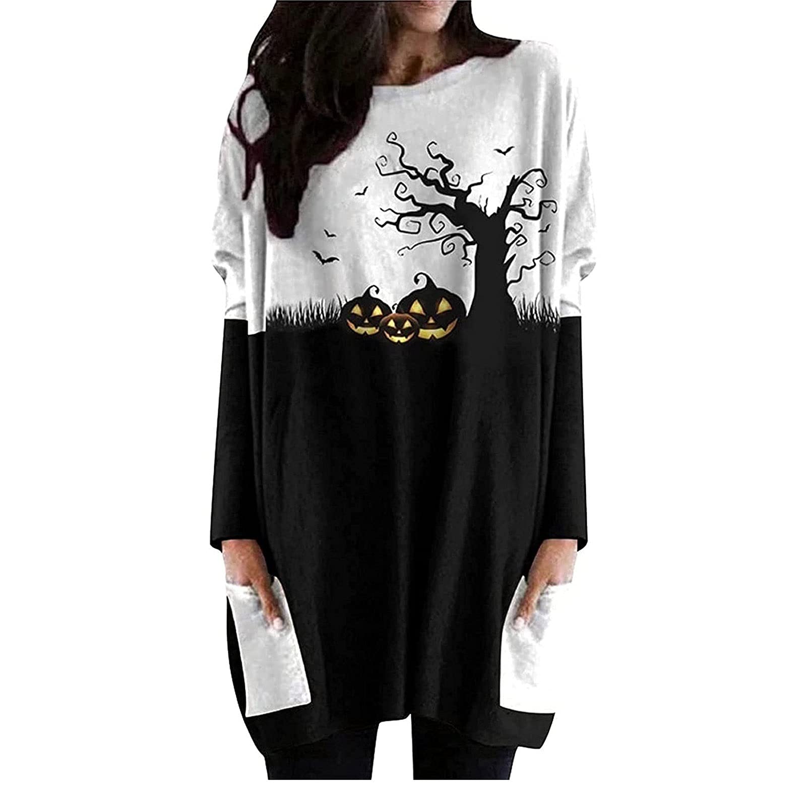 Yokbeer Women's Halloween Horror Pumpkin Smiley Face Long Sleeve Round Neck Loose Sweater with Pocket Autumn Fashion Top